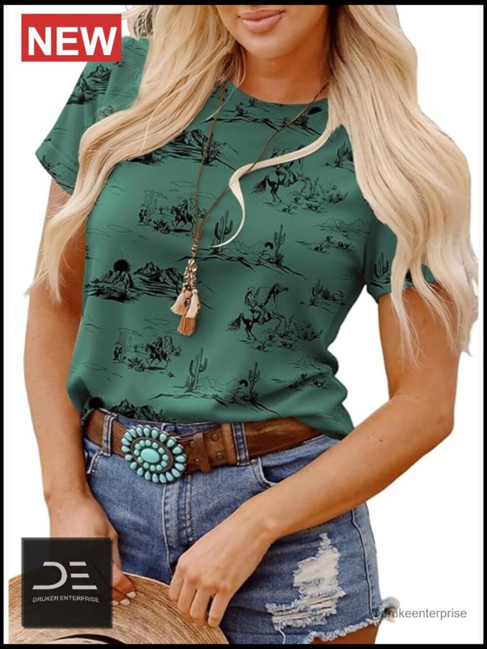 Womens Western Graphic Short Sleeve T-Shirt Crew Neck Casual Summer Tee